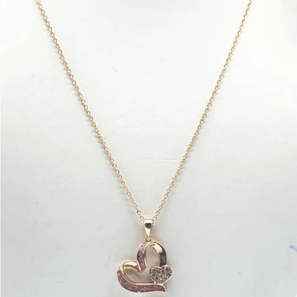 JCM Stamped BRASS Pink & Clear Cubic Zirconias Heart Necklace. Rosegold NEW - Picture 1 of 6